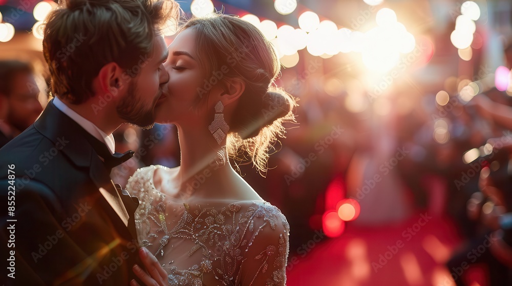 Celebrity couples in elegant attire sharing a kiss on the red carpet ...