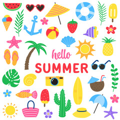 Wall Mural - Set with colourful summer stickers. Holiday concept with icons. Vector illustration