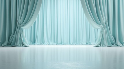 Empty stage background with luxurious velvet aqua curtains draped elegantly, stage lights casting a soft glow, creating a sophisticated and inviting atmosphere