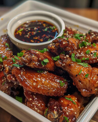 Wall Mural - Homemade Asian Honey Garlic Chicken Wings with Dipping Sauce. National Chicken Wing Day