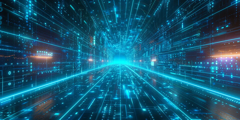 Digital technology background with blue light rays and binary code, digital marketing or online business concept