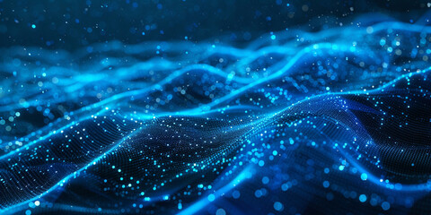 Wall Mural - Blue glowing background with digital waves and dots, data or technology concept