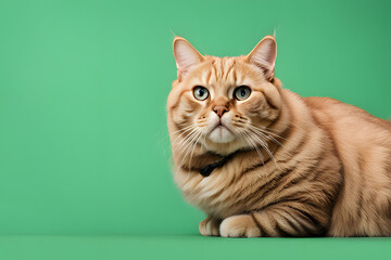 Wall Mural - A tabby cat with a curious expression sits on a green armchair. The cat has yellow eyes and a pink nose, and its fur is a mixture of brown, black, and white.