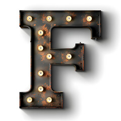 The letter F is lit up with many lights. It is a vintage style letter. The letter is surrounded by a lot of light, making it stand out