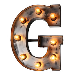 A large, old-fashioned G sign with a bunch of lights on it. The sign is made of metal and has a vintage look to it. The lights on the sign are bright and give off a warm, inviting glow