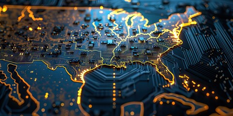 Technological background, continents from binary code. can be used in the description of technological processes, science, education. AI generated illustration