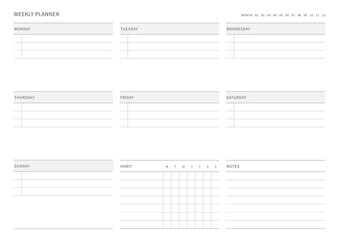 Wall Mural - A weekly plan design template in a modern, simple, and minimalist style. Note, scheduler, diary, calendar, planner document template illustration.