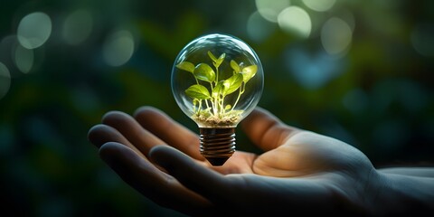 light bulb against nature on with energy sources Hand holding, Sustainable developmen and responsible environmental, Ecology concept
