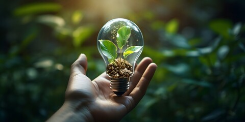 light bulb against nature on with energy sources Hand holding, Sustainable developmen and responsible environmental, Ecology concept