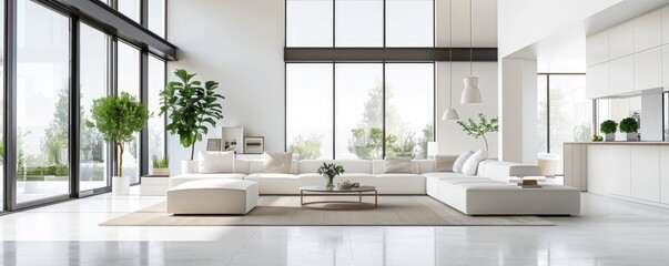 Modern Minimalist Living Room with White Furniture and Floor-to-Ceiling Windows