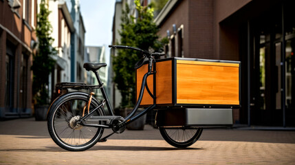 Cargo bike in sunny European city street for delivery and carry a package, groceries. Modern, sleek black cargobike with a large box. Special delivery carrier bicycle for cargo transportation