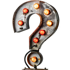 a metal sign with a question mark and a bunch of buttons on it. the sign is lit up and has a vintage
