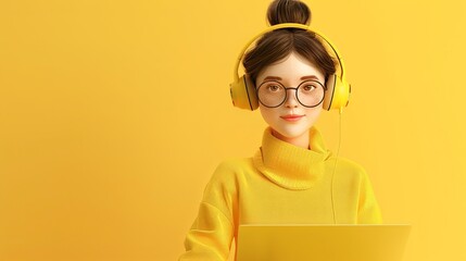 Aufkleber - A 3D rendered woman character wearing yellow headphones uses a laptop in front of a bright yellow background. Generative AI