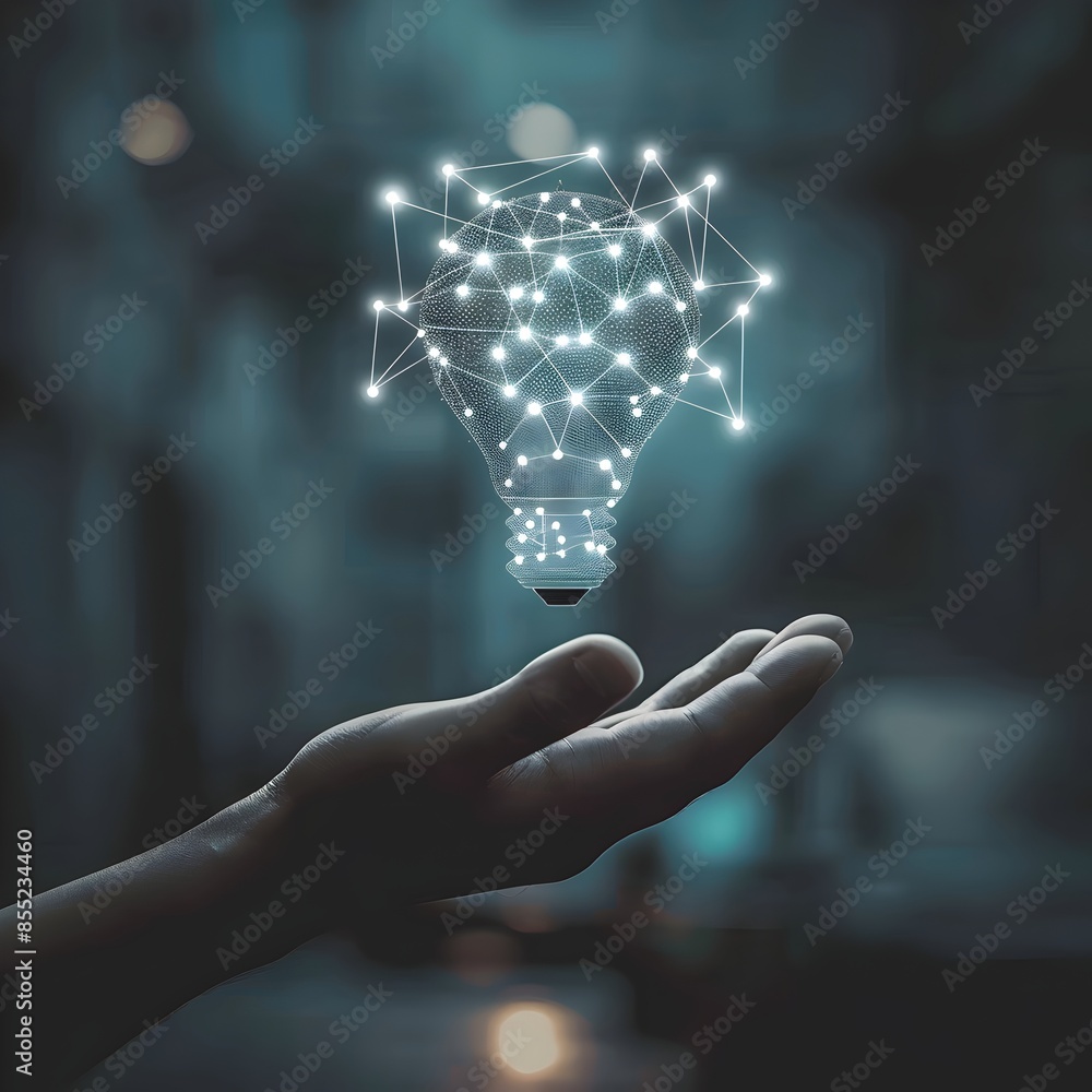 A light bulb is floating above the palm of an outstretched hand, and it ...