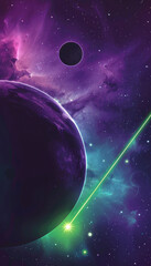 Canvas Print - A mesmerising cosmic scene featuring two planets and a glowing green laser cutting through a vibrant purple nebula, creating a surreal and futuristic outer space setting.