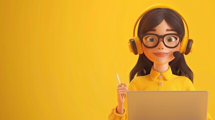 Aufkleber - A 3D rendered woman wearing headphones works on a laptop, smiling brightly against a vibrant yellow background. Generative AI