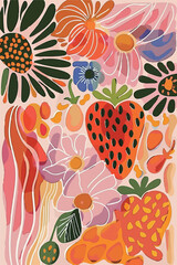 Vibrant abstract illustrations featuring bold, colorful botanical elements and strawberries. Perfect for modern designs, backgrounds, and decor. These playful, organic shapes bring a touch of nature t