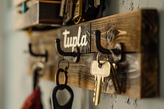 Closeup of keys hanging on a coat rack in a modern home interior, with the focus point being the key with 