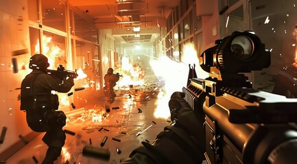 Intense Gunfight in a Fiery Hallway