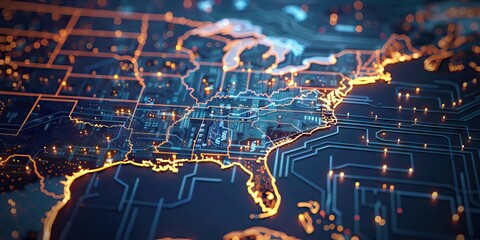 Poster - Technological background, continents from binary code. can be used in the description of technological processes, science, education. AI generated illustration