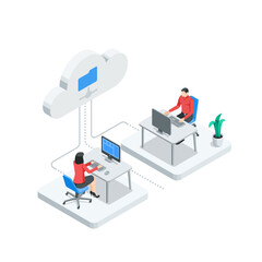 isometric vector man and woman working at a computer connected via a network to the cloud, in color on a white background, office work with data stored in the cloud or working on a network