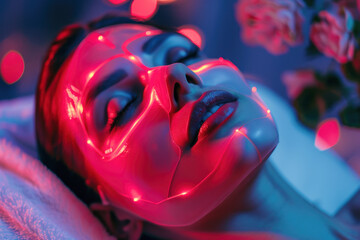 Wall Mural - A woman lies with a face mask emitting red light, appearing relaxed. The mask is used for light therapy or skincare treatment in a spa or home setting