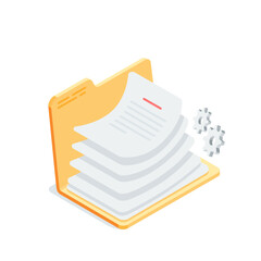 isometric vector opened folder with a stack of documents, in color on a white background, paper folder or paper work