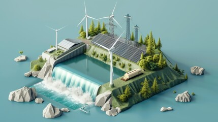 An isometric illustration showcases various sustainable energy sources including a hydroelectric dam with waterfall, solar panels, and wind turbines.