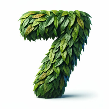 the number 7 made out of leaves, isolated on white background.photorealistic
