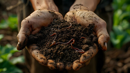 Woman holding soil with earthworms above ground, closeup.