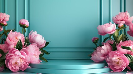 Wall Mural - An empty stage for the demonstration of goods, on blue and pink peonies, spring flowers, 3D.