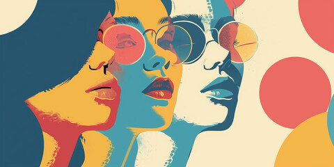 Wall Mural - A colorful and stylized illustration of three women wearing sunglasses International Youth Day