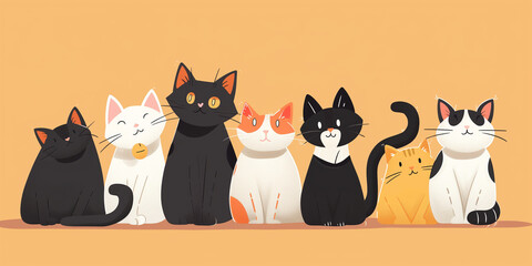 a digital illustration of seven cats sitting in a row on an orange background international cat day