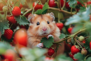 Canvas Print - A small hamster hiding among the juicy strawberries in a bush