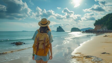 Poster - Woman in Hat and Sunglasses on Beach