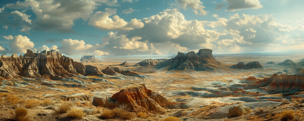 Badlands landscape, eroded formations, barren terrain, rugged beauty, geological wonder.