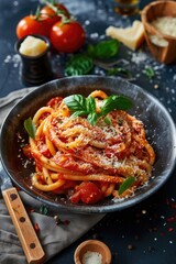 Wall Mural - A classic Italian dish featuring spaghetti, tomato sauce, and parmesan cheese
