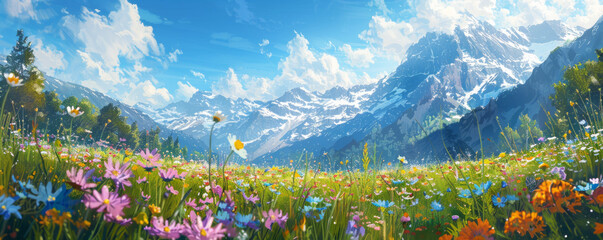 Wall Mural - Alpine meadow in springtime bloom, wildflowers, snow-capped peaks, mountain serenity, floral abundance.