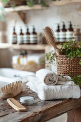 Wall Mural - A wooden table covered with numerous white towels