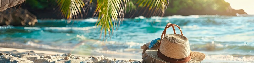 A straw hat, sunglasses, and other beach accessories rest in a bag on a tropical beach with the ocean in the background. Generative AI