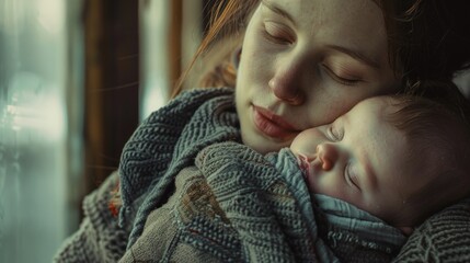 Canvas Print - A mother holds her infant wrapped in a soft blanket, capturing a tender moment of maternal love