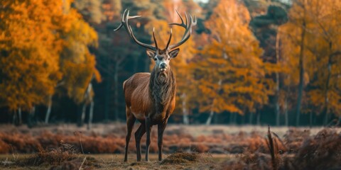 Poster - A deer standing in a field with trees in the background, suitable for use in nature, wildlife, or outdoor-themed projects