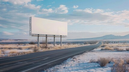 Empty white billboard mockup on desert highway for winter advertising campaign on a sunny day