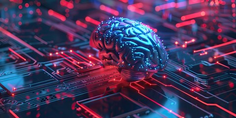 Sticker - 3d rendering of human brain on technology background represent artificial intelligence and cyber space concept. AI generated illustration