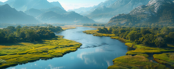 Poster - A winding river snaking its way through a valley, its waters reflecting the surrounding mountains.