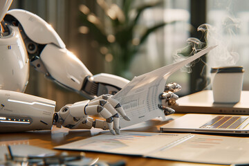 Canvas Print - AI robot sitting at a modern desk, intensely focused on reading financial report documents. The robot's metallic hands hold the papers, while a steaming cup of coffee and an open l