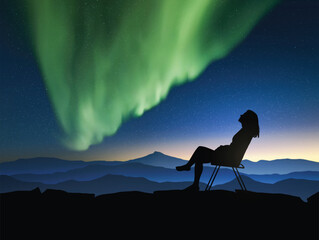 Sticker - Woman sitting on camp chair. Relax at mountains. Green Aurora Borealis