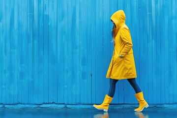 Wall Mural - A person wearing a bright yellow raincoat walks through the rainy streets, getting wet but still going about their day