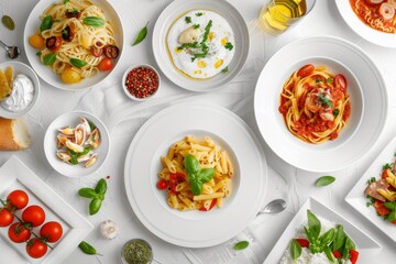 Wall Mural - A Feast of Italian Flavors: A White Table Setting With a Variety of Pasta Dishes