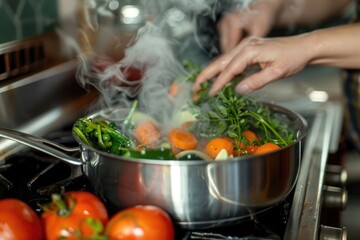 Poster - A person is cooking vegetables in a pot on a stove